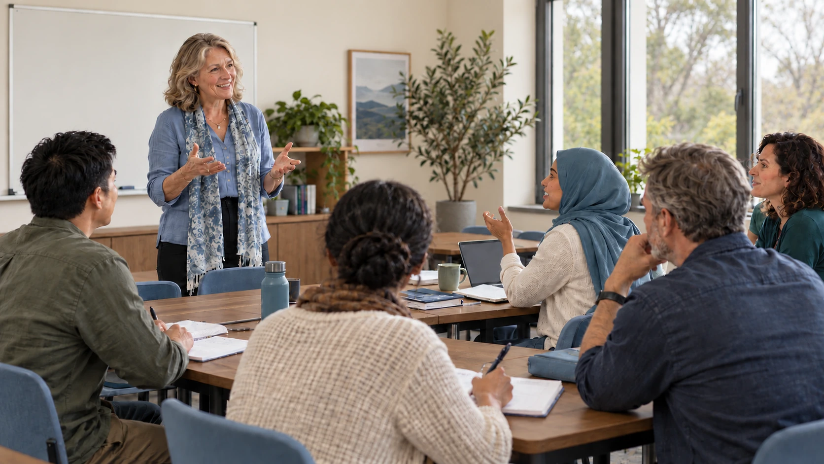 A tutor leading a discussion around classroom tables