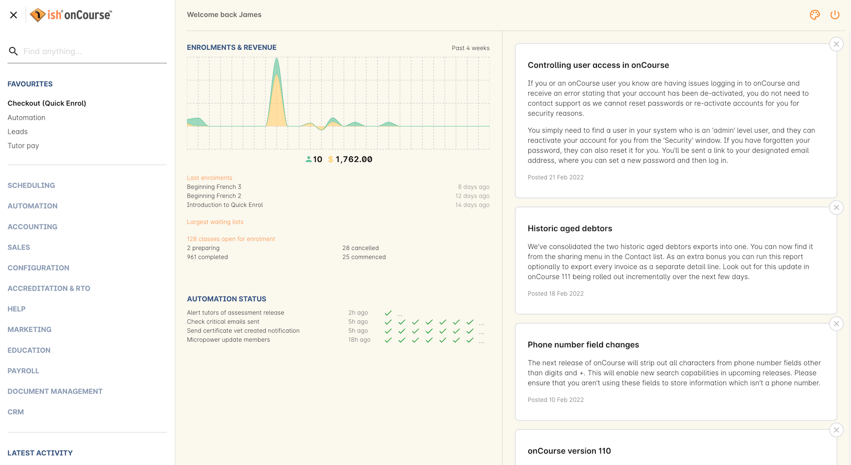 Official onCourse documentation example showing dashboard navigation, aggregate enrolment and revenue information, automation status and product news