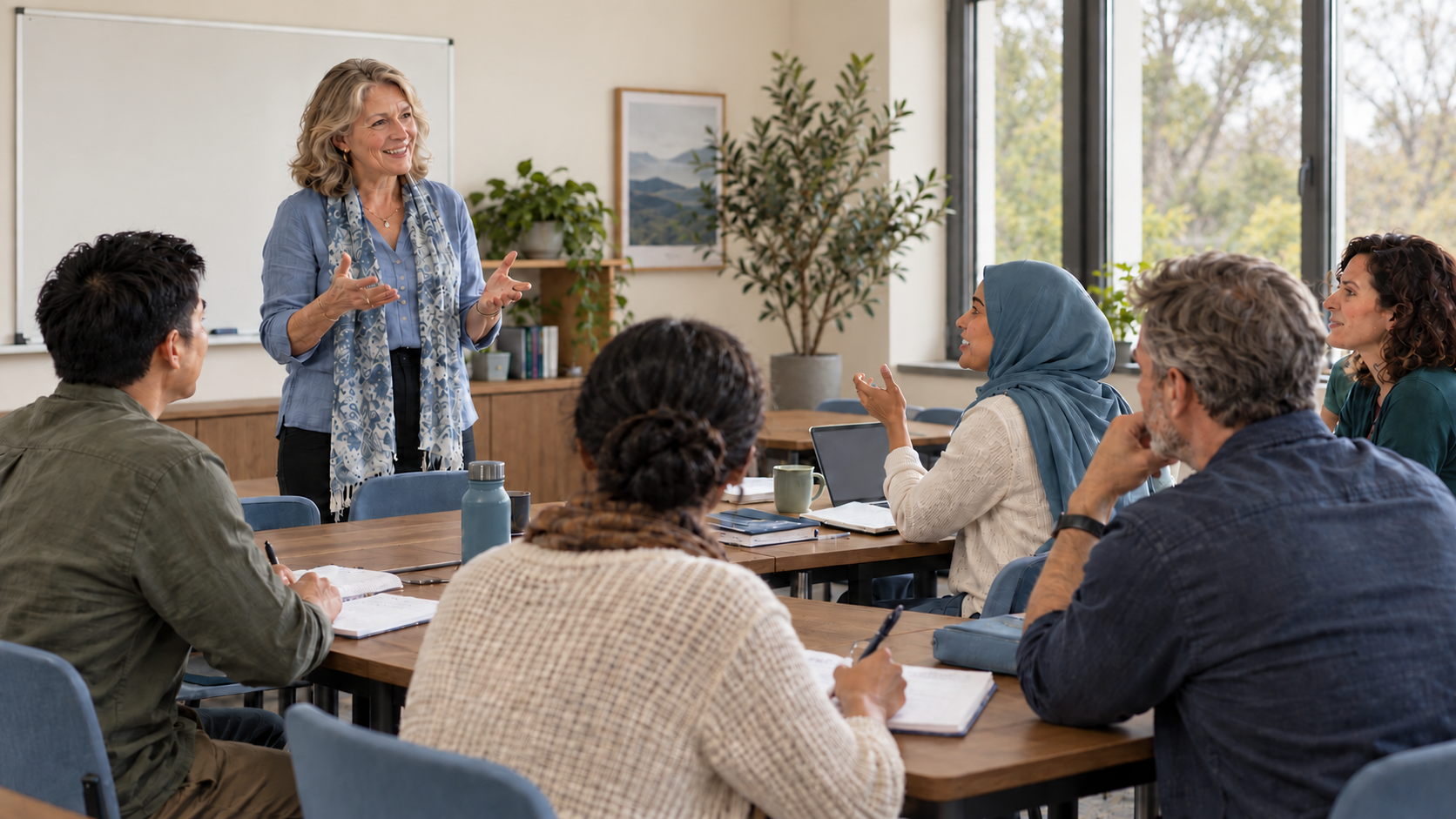 A tutor leading a discussion with a small group of adult learners around classroom tables